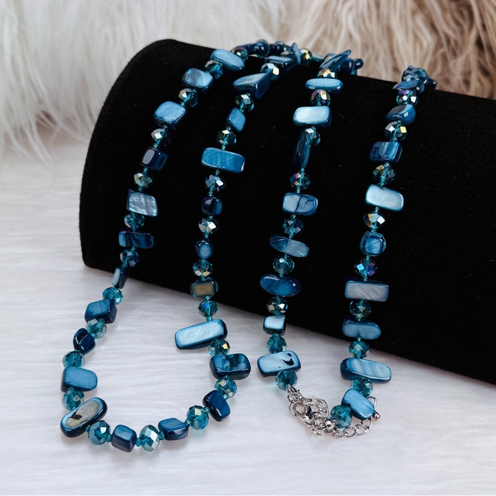 Extra Long Blue Faceted Bead & Irregular Accent Layering Necklace Boho Style
